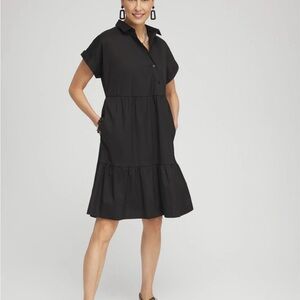 Chicos Poplin Diagonal Button Front Dress Sz 8 Black Cottagecore Prairie Spring